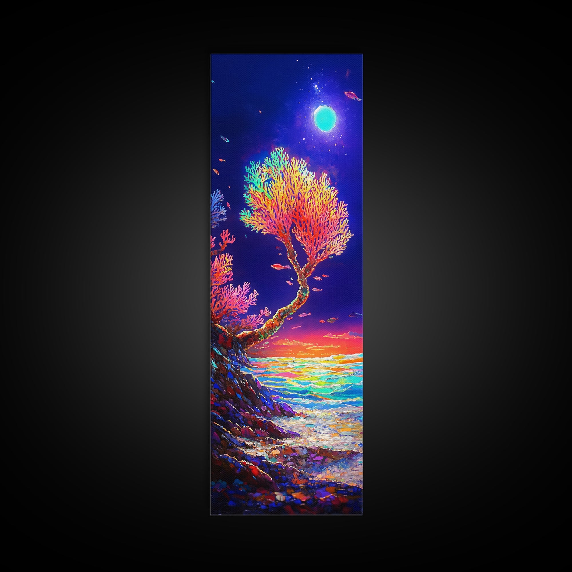 Moonlit Coral Tree By Ocean Canvas Print, Coastal Wall Art, Celestial Decor, Tropical Seascape, Beach House Living Room Decor