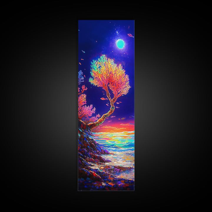 Moonlit Coral Tree By Ocean Canvas Print, Coastal Wall Art, Celestial Decor, Tropical Seascape, Beach House Living Room Decor