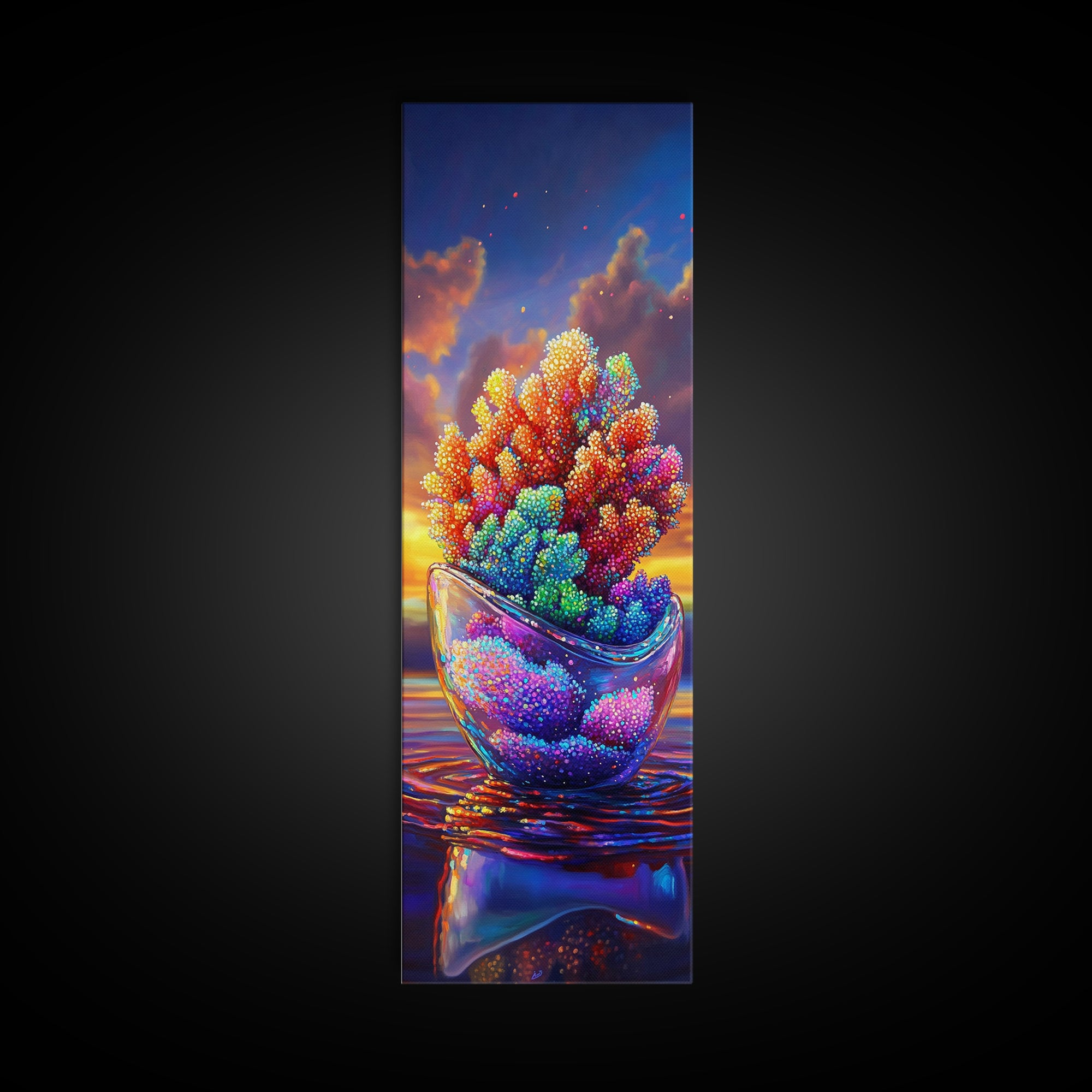Rainbow Coral In Glass Bowl Framed Canvas Print, Marine Life Wall Art, Coastal Home Decor, Ocean Nursery Art, Sea Life Gift