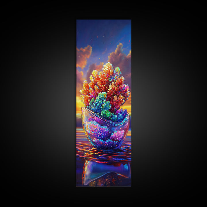 Rainbow Coral In Glass Bowl Framed Canvas Print, Marine Life Wall Art, Coastal Home Decor, Ocean Nursery Art, Sea Life Gift