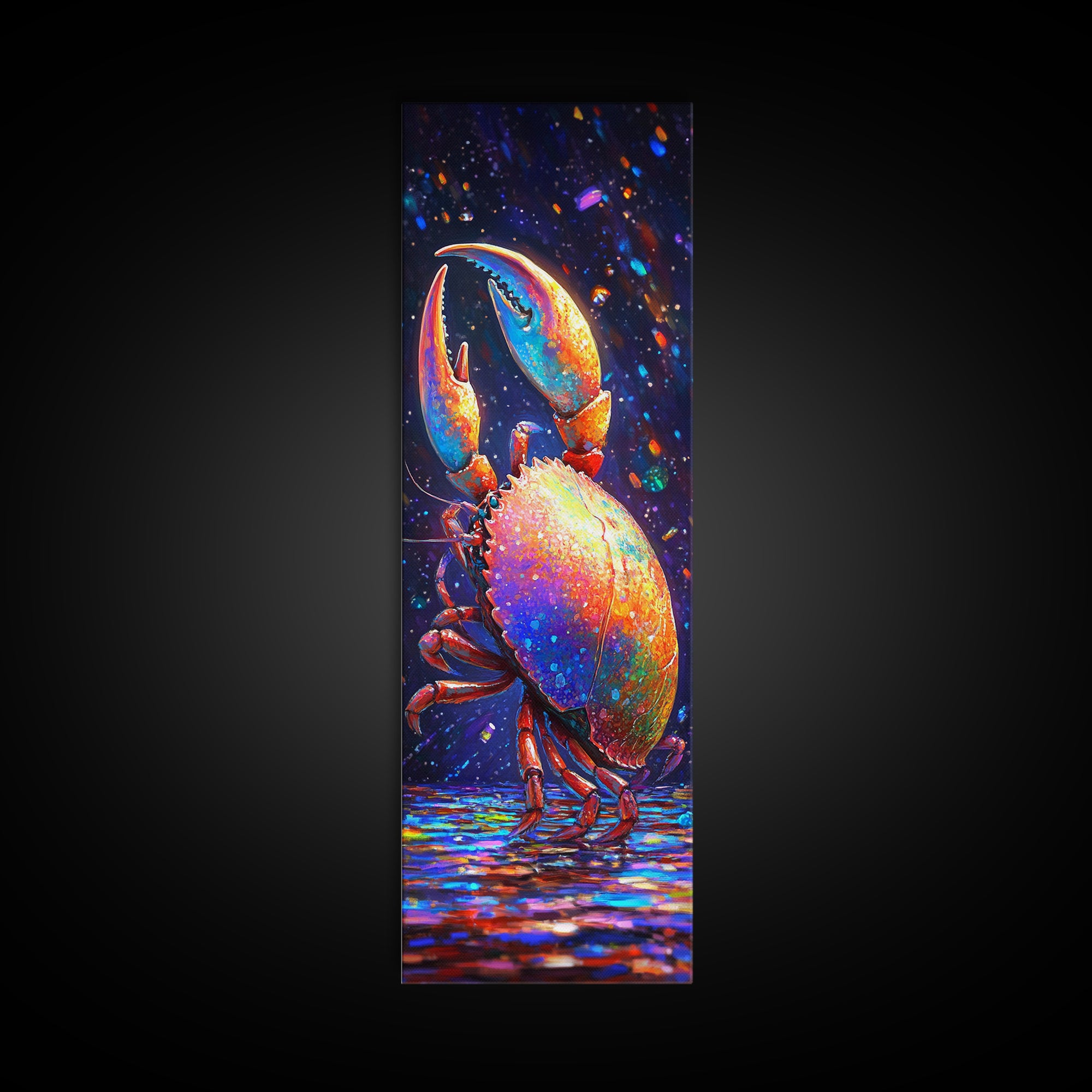 Vibrant Rainbow Crab With Raised Claw Canvas Print, Coastal Wall Art, Nautical Bathroom Decor, Colorful Ocean Animal Art