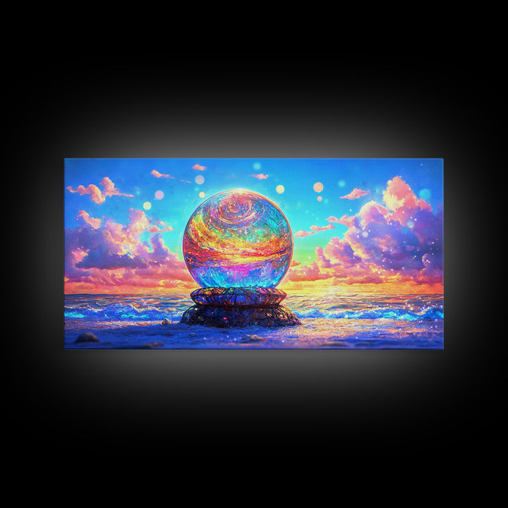 Glowing Crystal Orb By The Ocean Wall Art, Surreal Seascape Canvas Print, Coastal Decor, Celestial Art, Beach House Gift