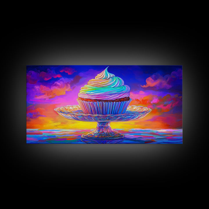 Rainbow Cupcake On Glass Stand Canvas Print, Whimsical Bakery Wall Art, Dessert Art, Kitchen Decor, Birthday Gift For Her