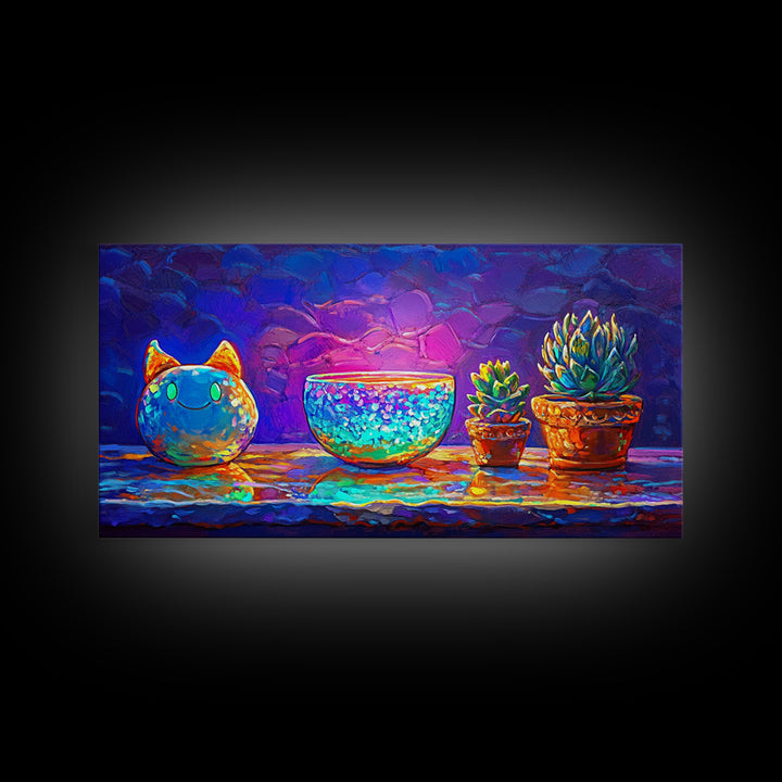 Cute Cat Figurine With Succulent Plants Wall Art, Colorful Still Life Canvas Print, Whimsical Home Decor, Plant Lover Gift