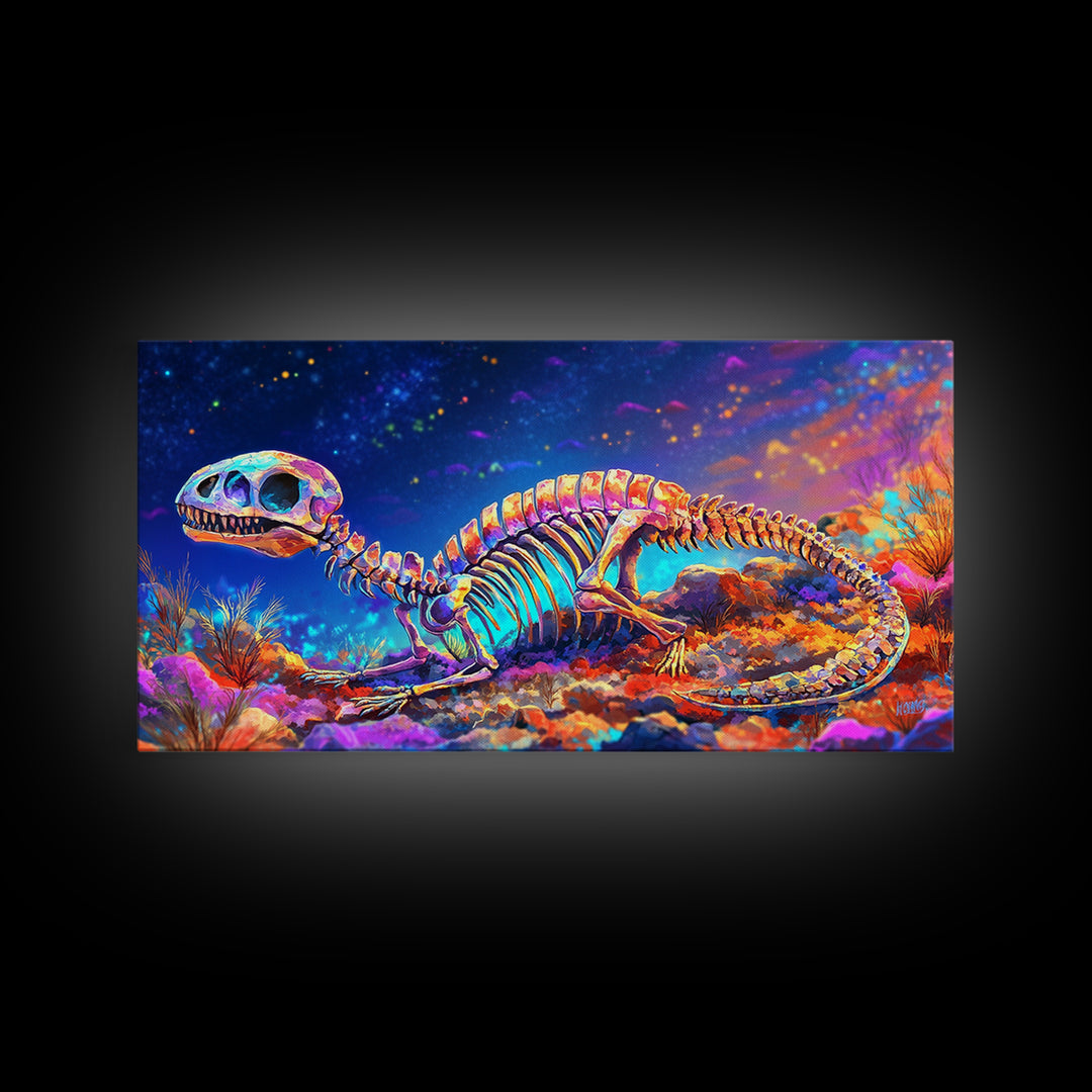 Colorful Dinosaur Skeleton Wall Art, Cosmic Fossil Fantasy Painting, Vibrant Science Decor, Kids Room Canvas Print, Dinosaur Gift