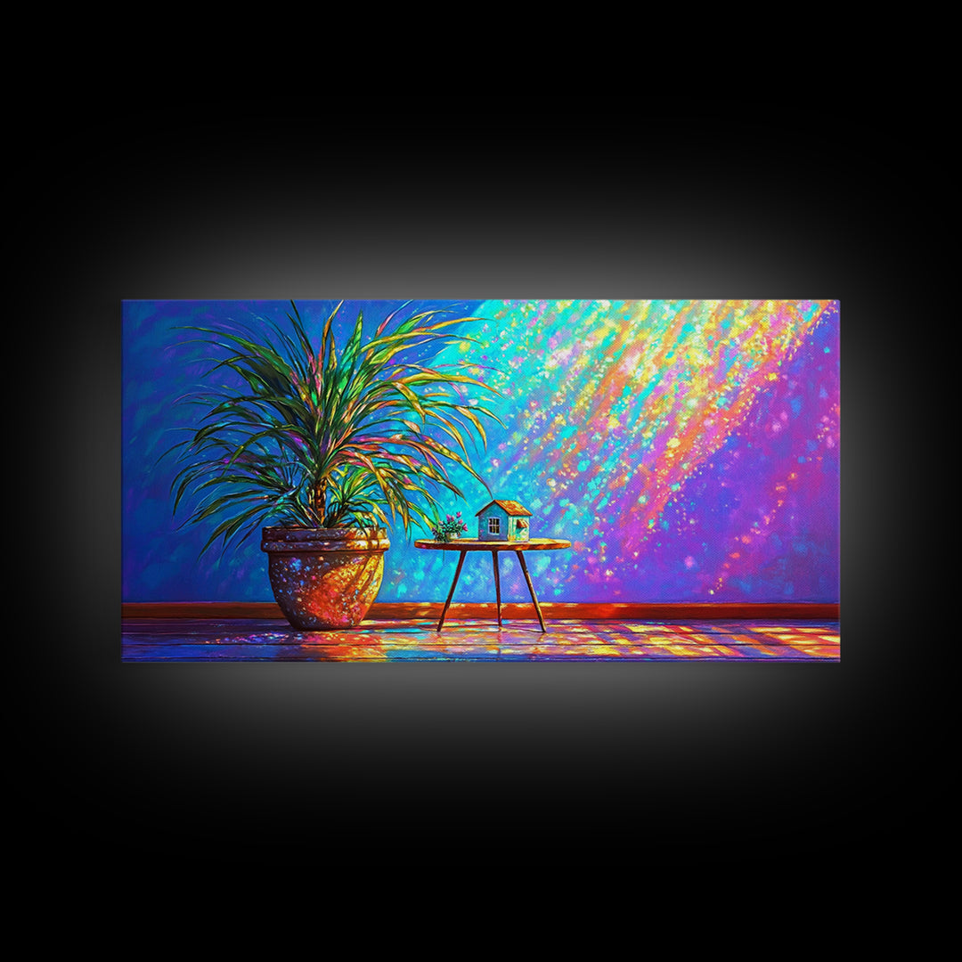Potted Palm And Tiny House Wall Art, Rainbow Sunlit Room Still Life, Colorful Plant Decor, Modern Framed Canvas Print Gift