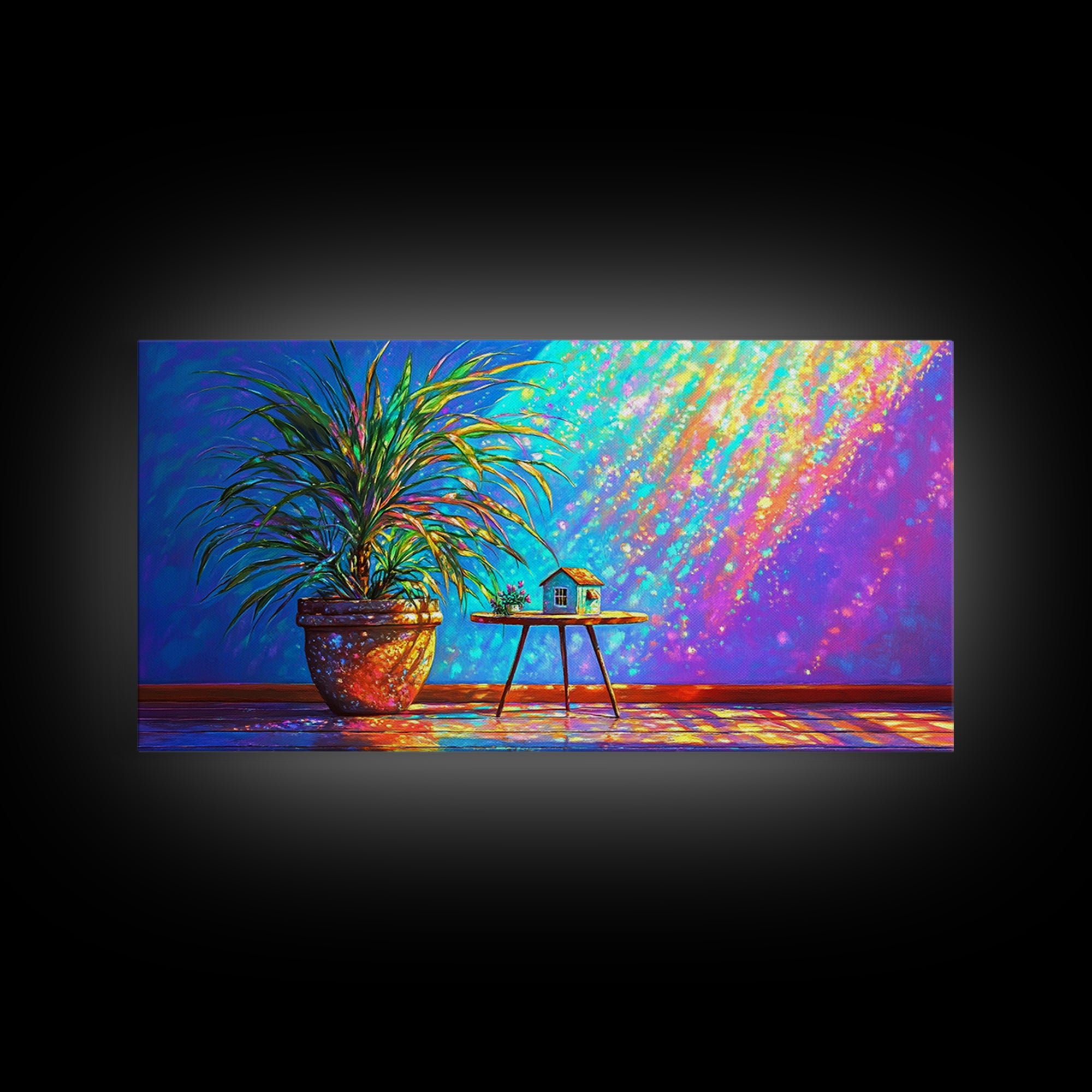 Potted Palm And Tiny House Wall Art, Rainbow Sunlit Room Still Life, Colorful Plant Decor, Modern Framed Canvas Print Gift