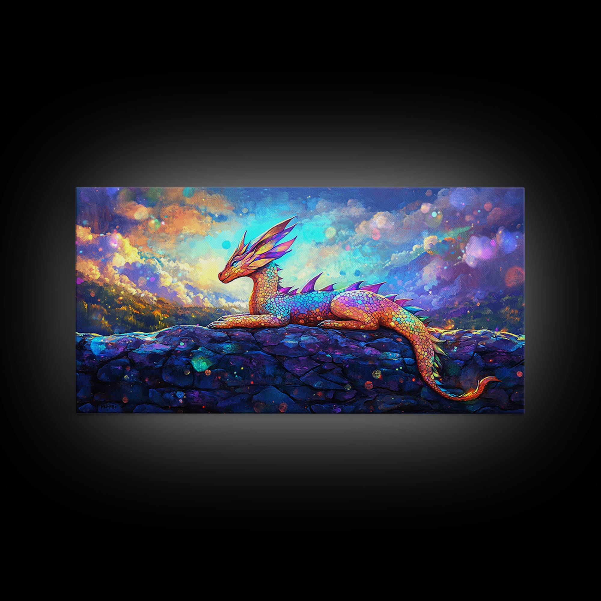 Rainbow Dragon Resting On Stone Wall Art, Whimsical Fantasy Creature Painting, Colorful Nursery Decor, Framed Canvas Print