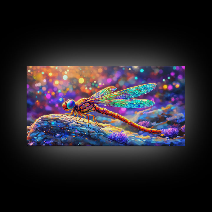 Iridescent Dragonfly On Pebble Wall Art, Colorful Nature Painting, Whimsical Insect Decor, Modern Framed Canvas Print Gift