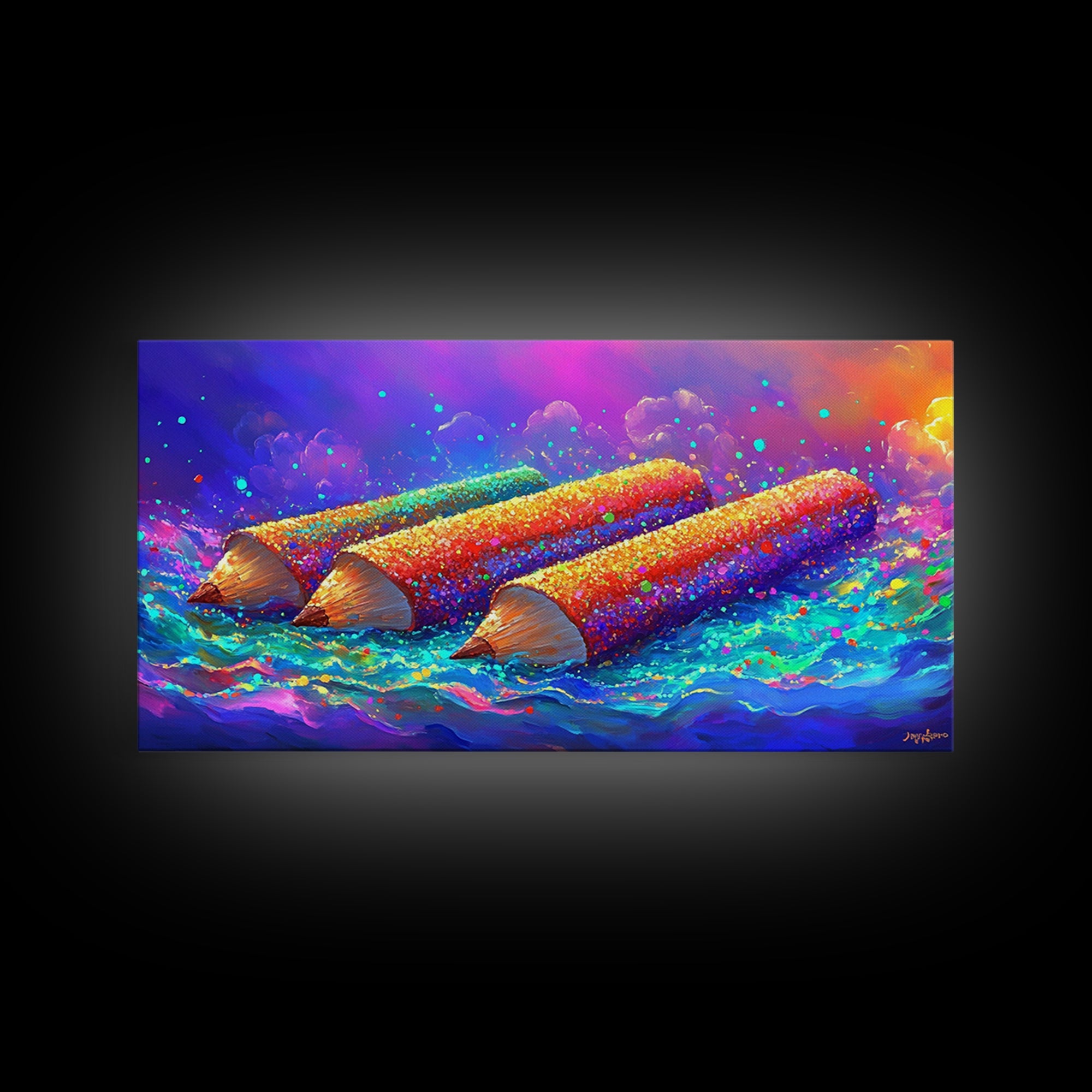 Giant Colorful Pencils In Ocean Waves Wall Art, Whimsical Art Supply Painting, Creative Studio Decor, Framed Canvas Print