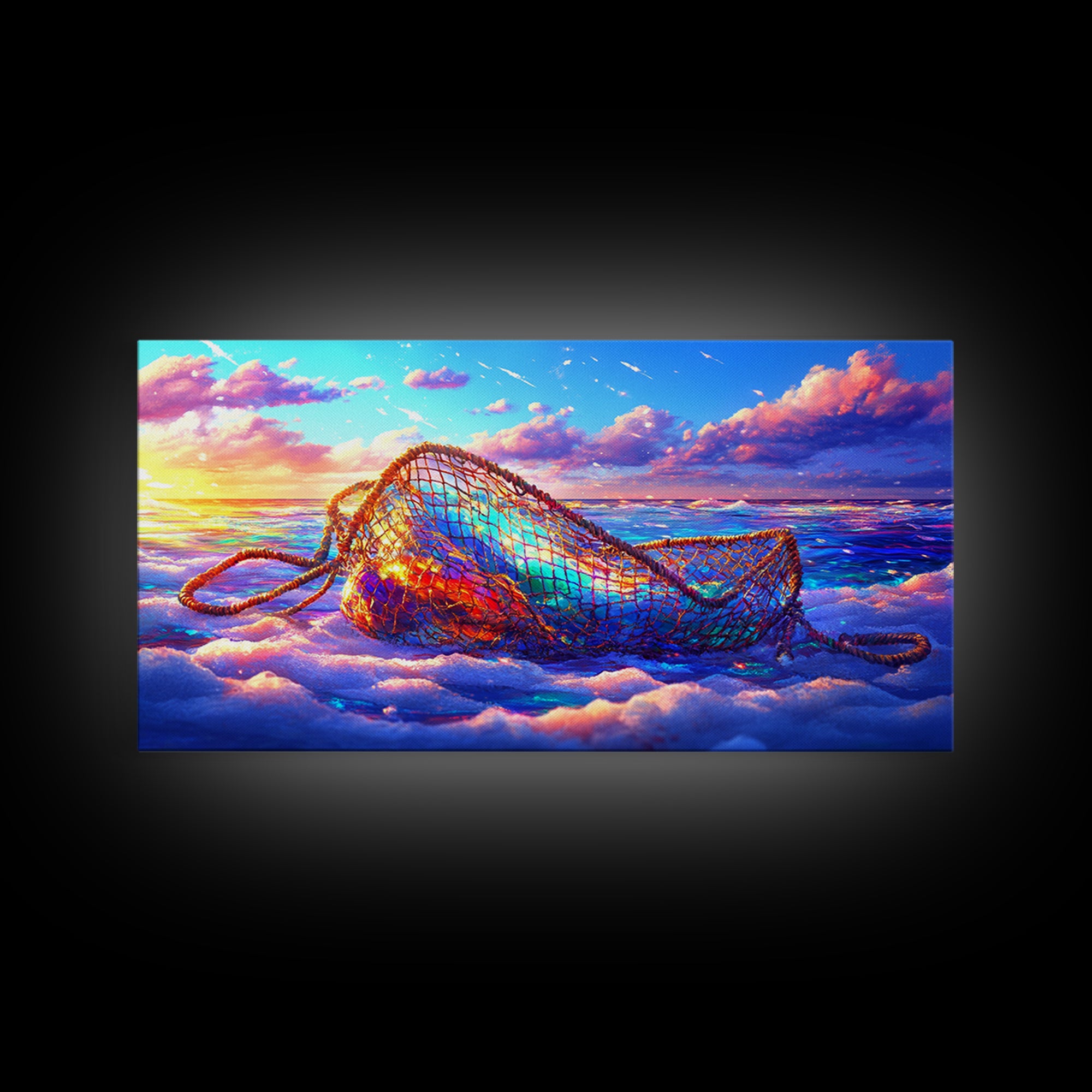Iridescent Fishing Net On Sunset Beach Wall Art, Coastal Ocean Canvas Print, Nautical Decor, Beach House Living Room Art