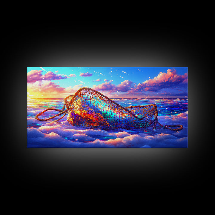 Iridescent Fishing Net On Sunset Beach Wall Art, Coastal Ocean Canvas Print, Nautical Decor, Beach House Living Room Art