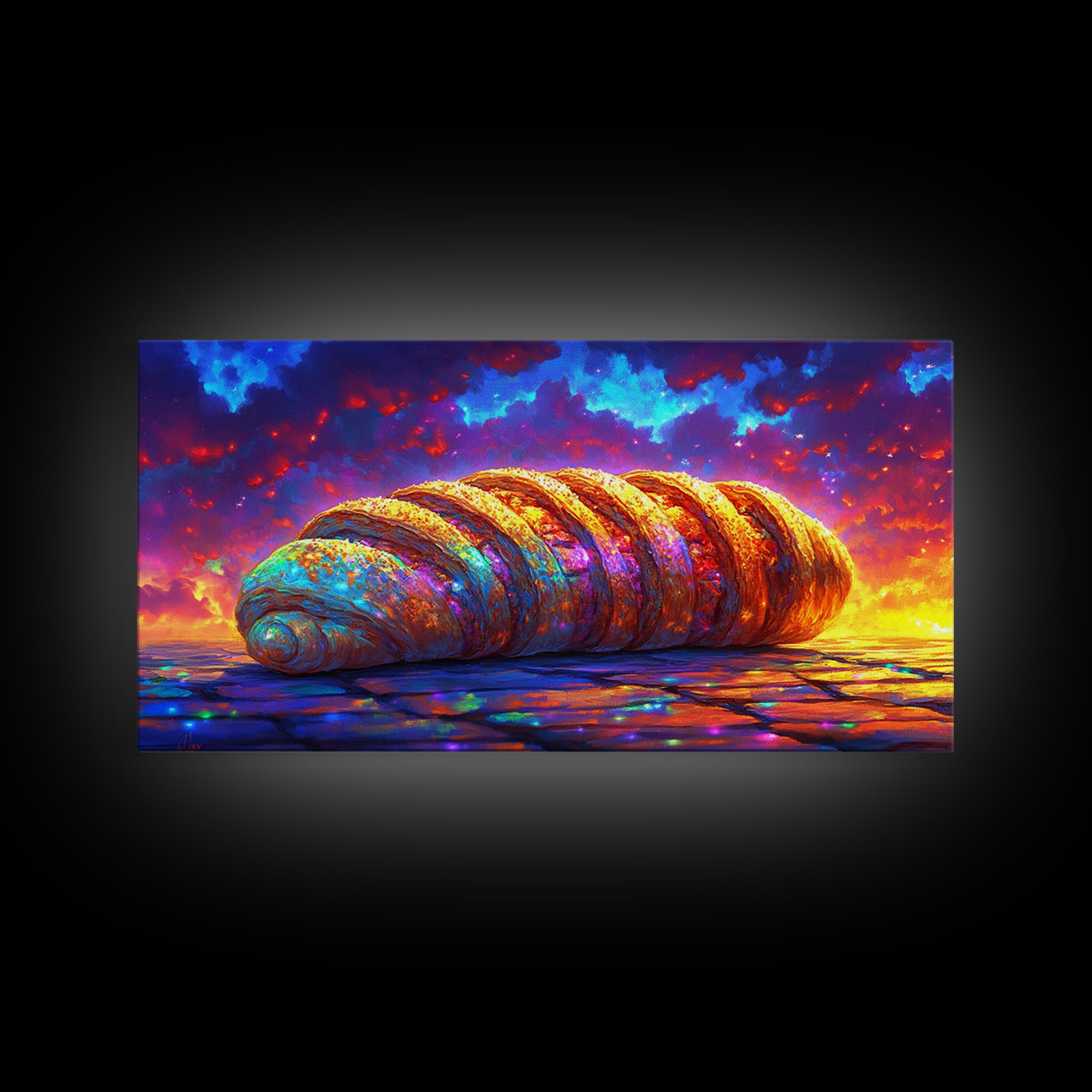 Golden Croissant Pastry At Dramatic Sunset Canvas Print, Bakery Wall Art, French Kitchen Decor, Foodie Gift, Cafe Poster