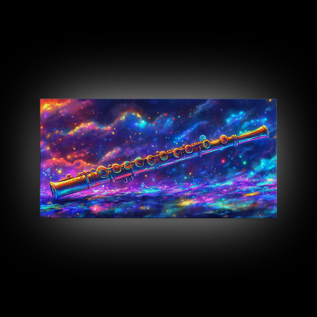Golden Flute Floating In Cosmic Galaxy Wall Art, Music Studio Canvas Print, Celestial Space Decor, Gift For Music Lover, Home Decor