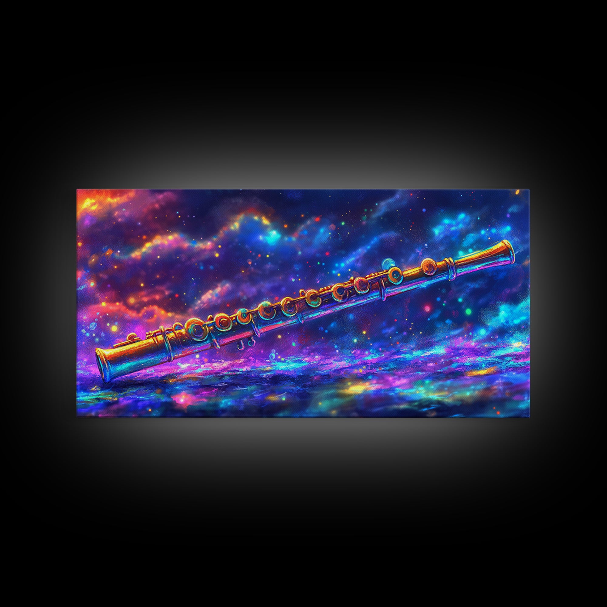 Golden Flute Floating In Cosmic Galaxy Wall Art, Music Studio Canvas Print, Celestial Space Decor, Gift For Music Lover, Home Decor