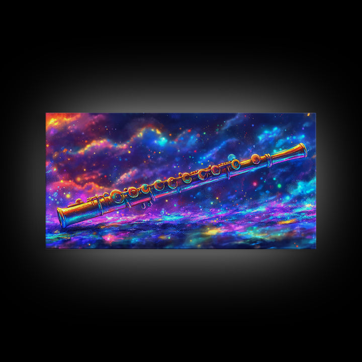 Golden Flute Floating In Cosmic Galaxy Wall Art, Music Studio Canvas Print, Celestial Space Decor, Gift For Music Lover, Home Decor
