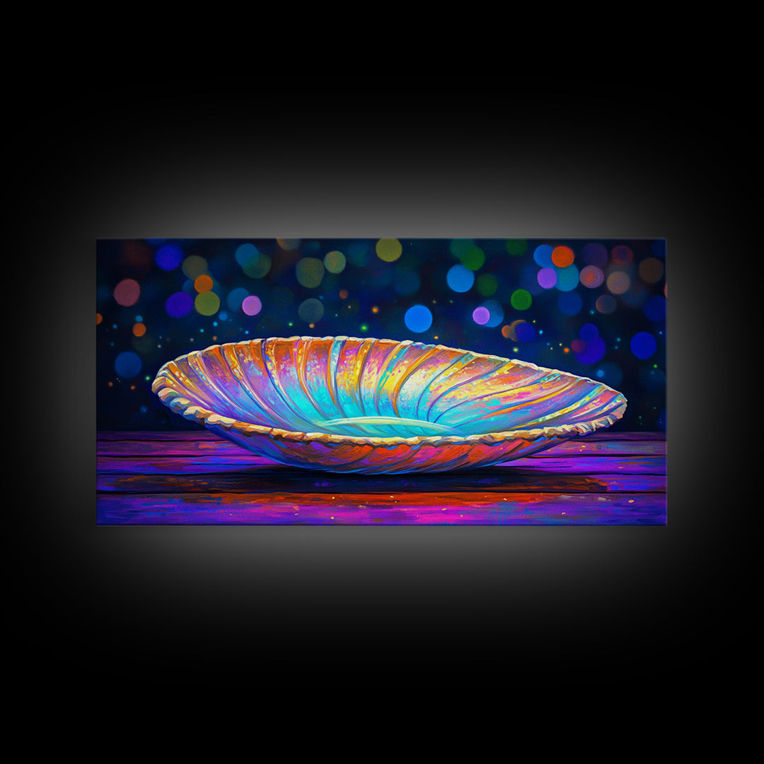 Iridescent Seashell Dish On Wooden Table Canvas Print, Coastal Wall Art, Ocean Decor, Nautical Home Decor, Beach House Gift