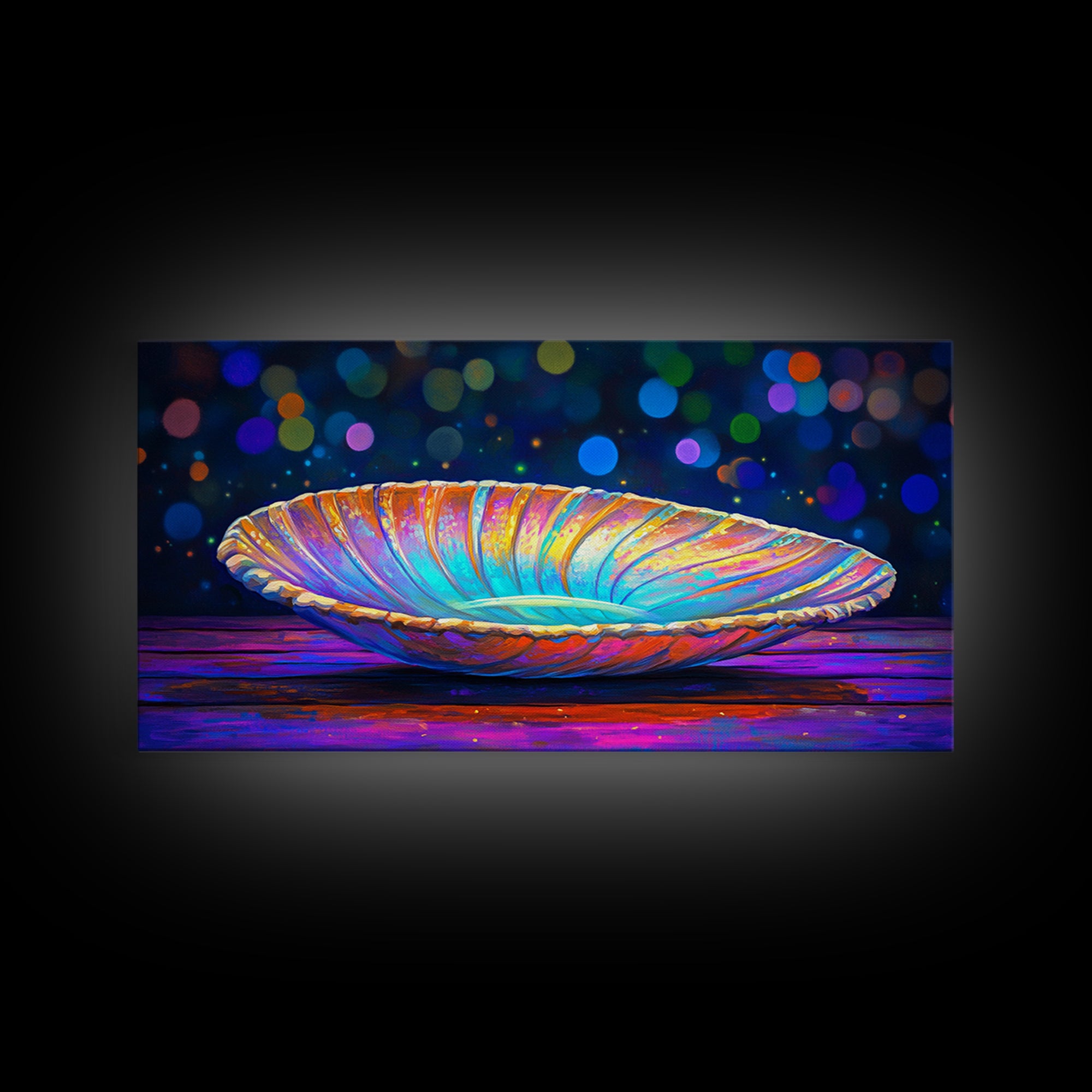 Iridescent Seashell Dish On Wooden Table Canvas Print, Coastal Wall Art, Ocean Decor, Nautical Home Decor, Beach House Gift