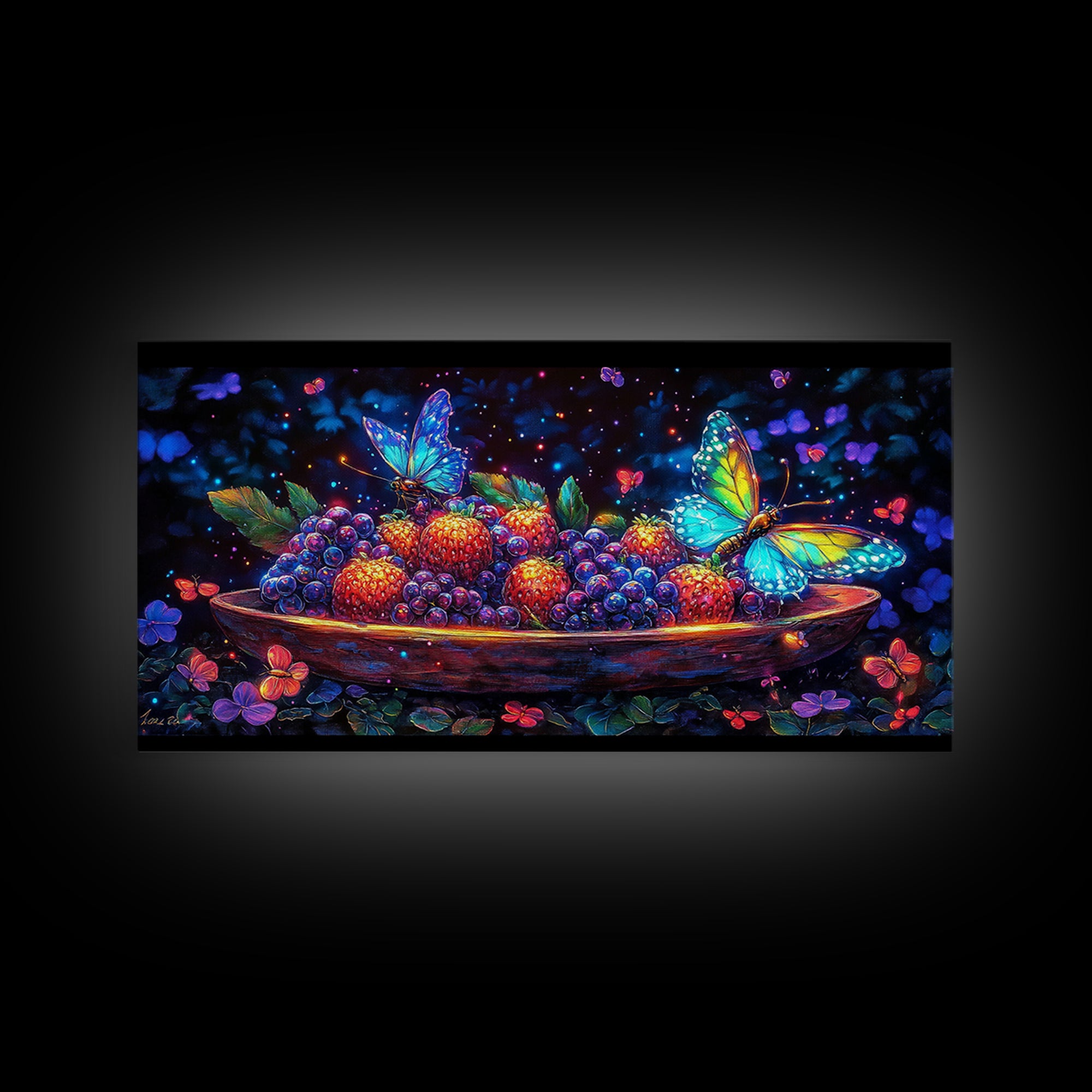 Butterflies Over Glowing Berries In Wooden Bowl Canvas Print, Whimsical Wall Art, Botanical Decor, Colorful Nature Gift