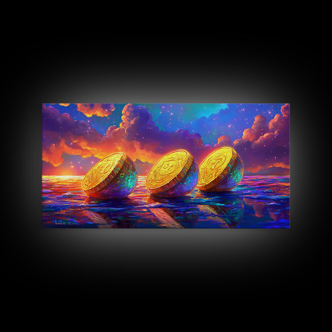 Golden Coins On Reflective Ocean Canvas Print, Abstract Seascape, Coastal Wall Art, Sunset Painting, Statement Artwork, Decor