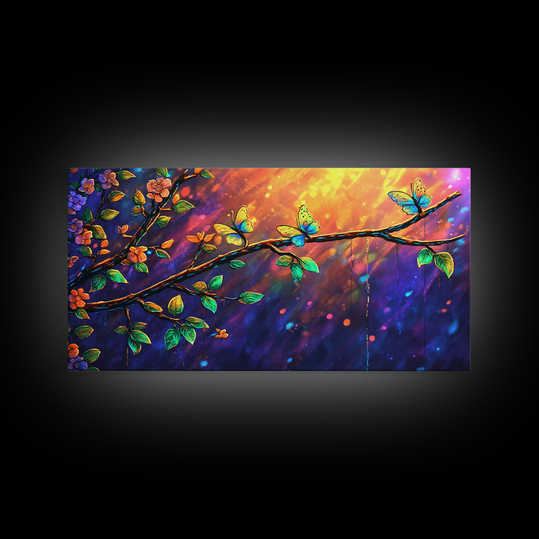 Sunlit Flower Branch With Butterflies Wall Art, Whimsical Nature Art, Botanical Wall Decor, Colorful Bedroom Art Print, Gift