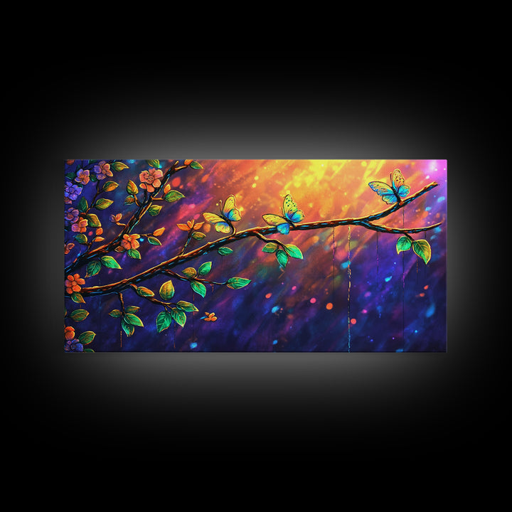 Sunlit Flower Branch With Butterflies Wall Art, Whimsical Nature Art, Botanical Wall Decor, Colorful Bedroom Art Print, Gift