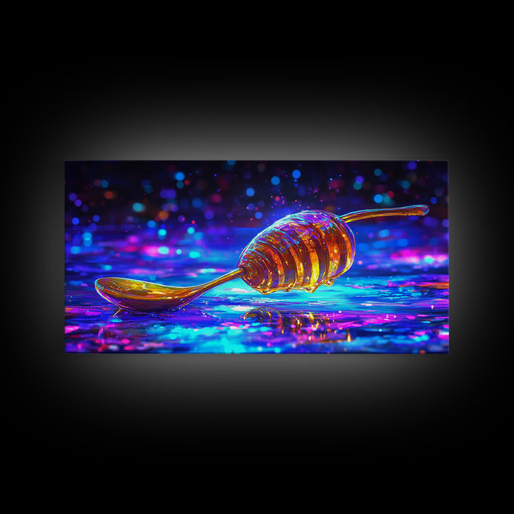 Neon Honey Dipper With Golden Drizzle Wall Art, Colorful Kitchen Decor, Food Lover Gift, Modern Canvas Print, Dining Room Prints