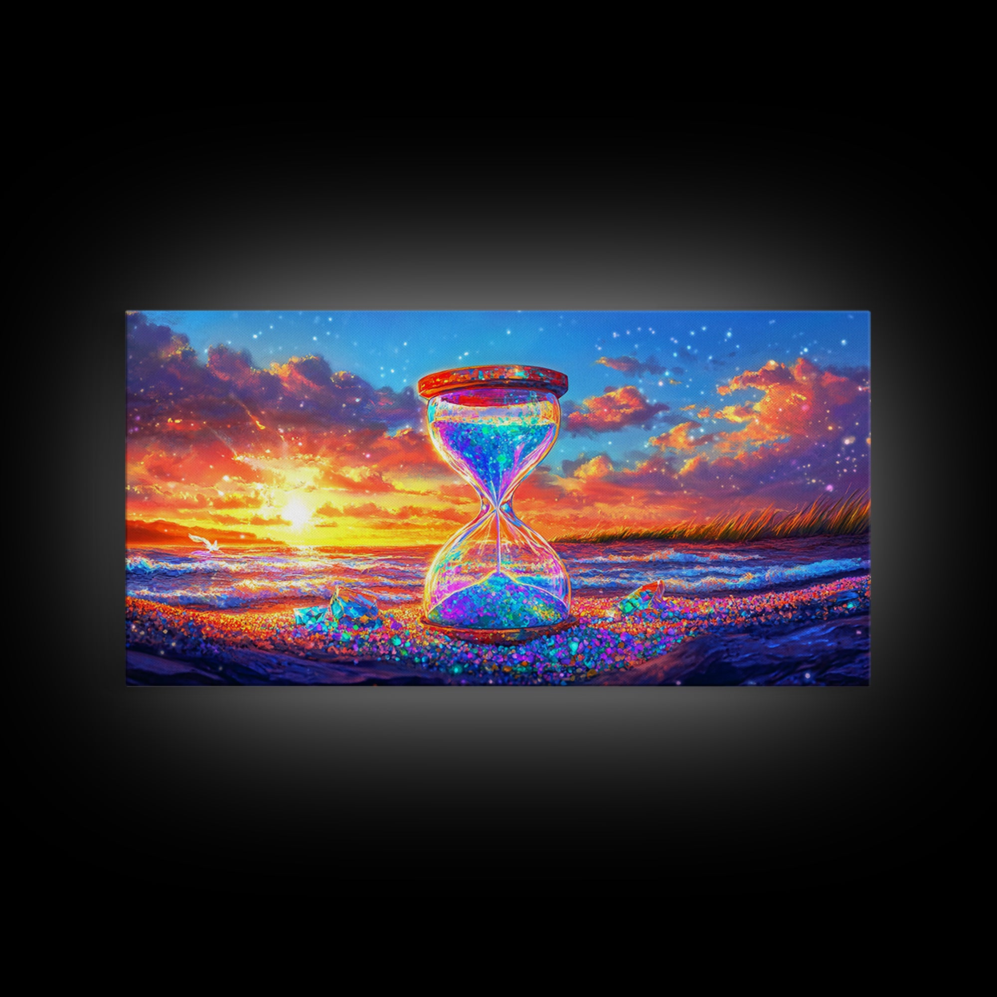 Sparkling Hourglass On Sunset Beach Canvas Print, Coastal Wall Art, Surreal Seascape Decor, Ocean Lover Gift For Her, Living Room Decor