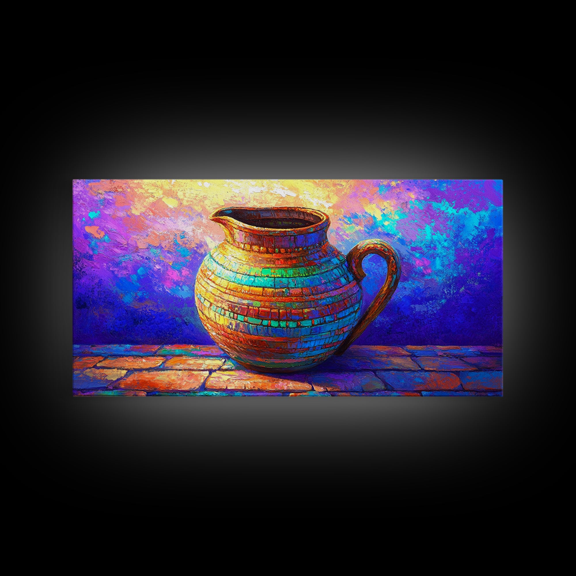 Colorful Mosaic Ceramic Pitcher Still Life Wall Art, Mediterranean Kitchen Decor, Vibrant Canvas Print, Housewarming Gift