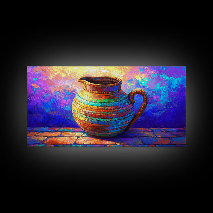 Colorful Mosaic Ceramic Pitcher Still Life Wall Art, Mediterranean Kitchen Decor, Vibrant Canvas Print, Housewarming Gift