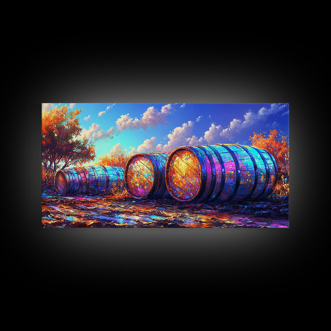 Rainbow Wine Barrels In Autumn Vineyard Wall Art, Rustic Farmhouse Decor, Winery Wall Art, Colorful Landscape, Dining Room Print