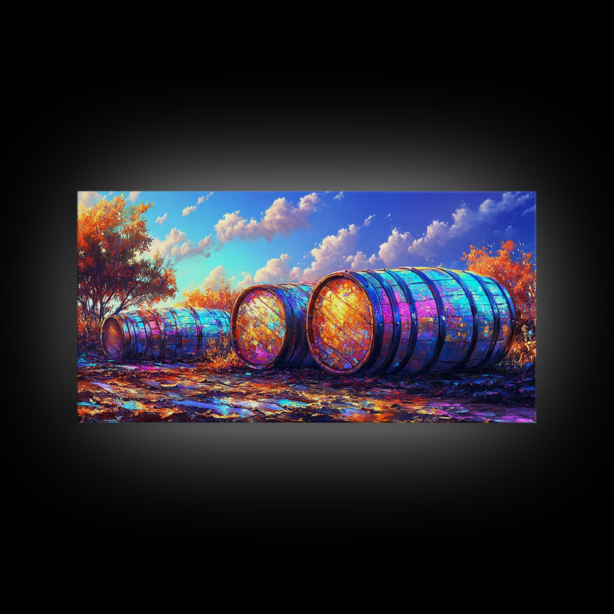 Rainbow Wine Barrels In Autumn Vineyard Wall Art, Rustic Farmhouse Decor, Winery Wall Art, Colorful Landscape, Dining Room Print