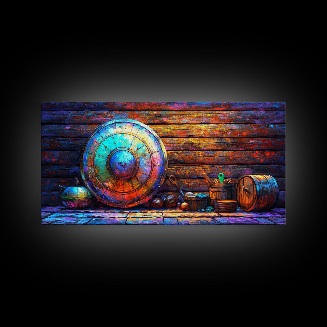 Weathered Viking Shield And Rustic Vessels Framed Canvas Print, Medieval Wall Art, Nordic Decor, Man Cave Art, Fantasy Gift