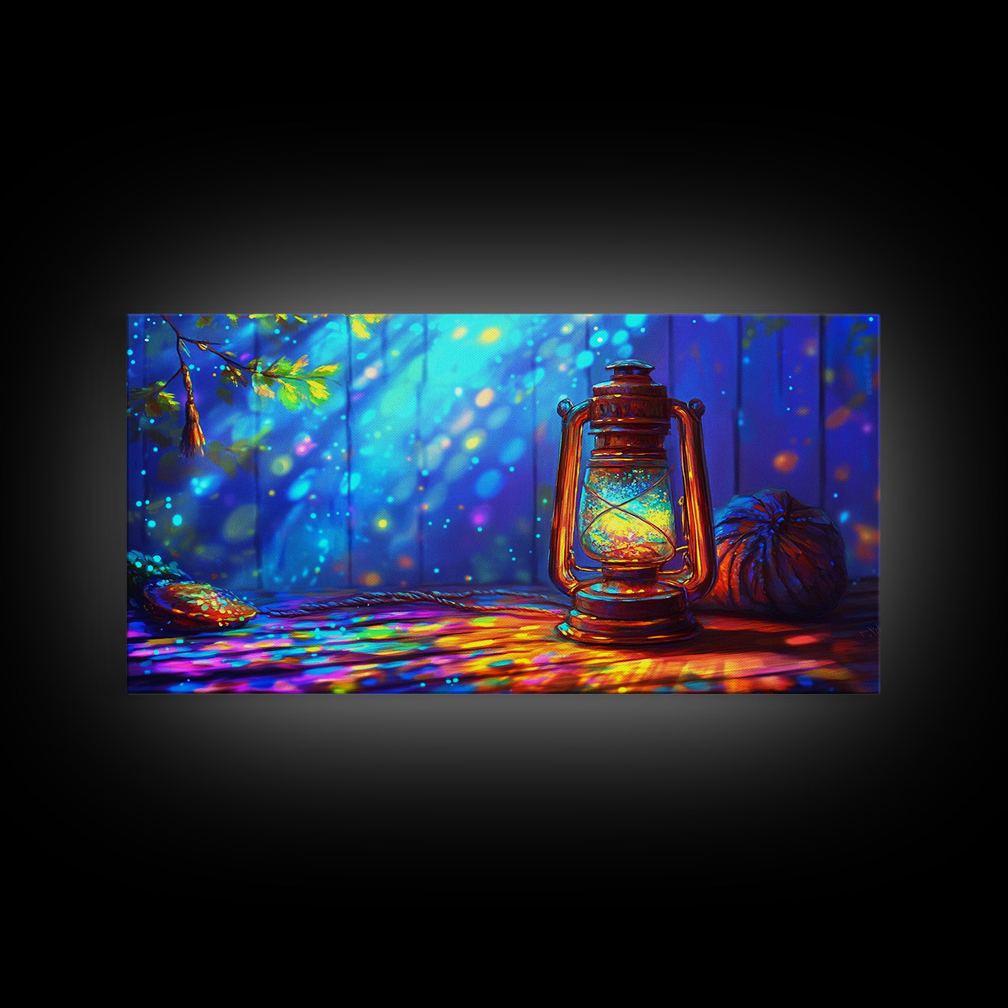Glowing Camping Lantern In Blue Forest Canvas Print, Rustic Cabin Wall Art, Cozy Wall Decor, Nature Art, Outdoor Decor, Camping Gift