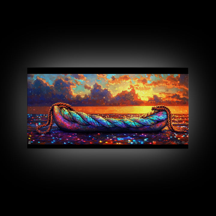 Rainbow Rope Boat At Sunset Framed Canvas Print, Coastal Wall Art, Nautical Ocean Decor, Beach House Living Room Art, Large Seascape Gift