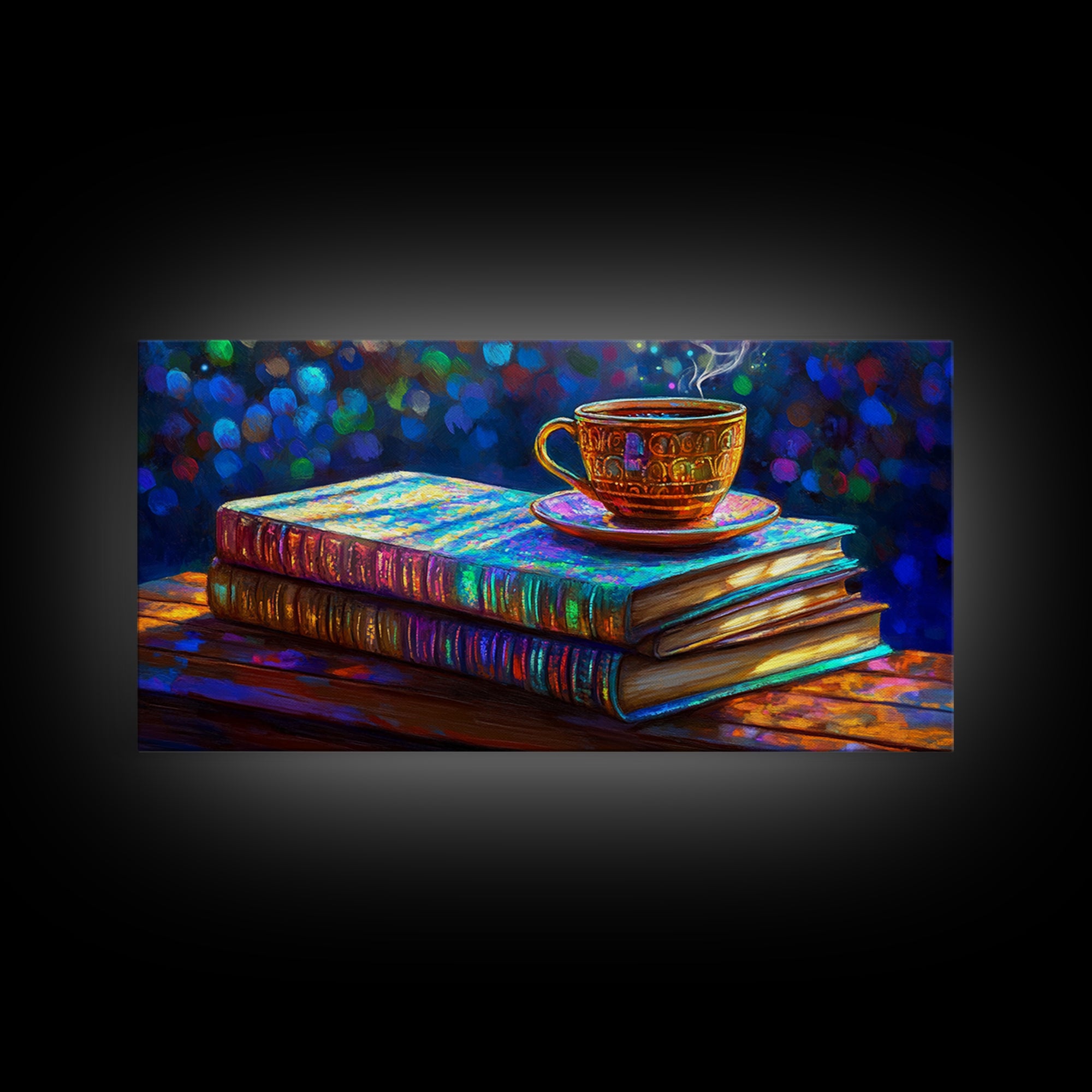 Steaming Teacup On Stacked Books Framed Canvas Print, Cozy Library Wall Art, Book Lover Gift, Coffee Shop Home Decor, Reading Nook Decor