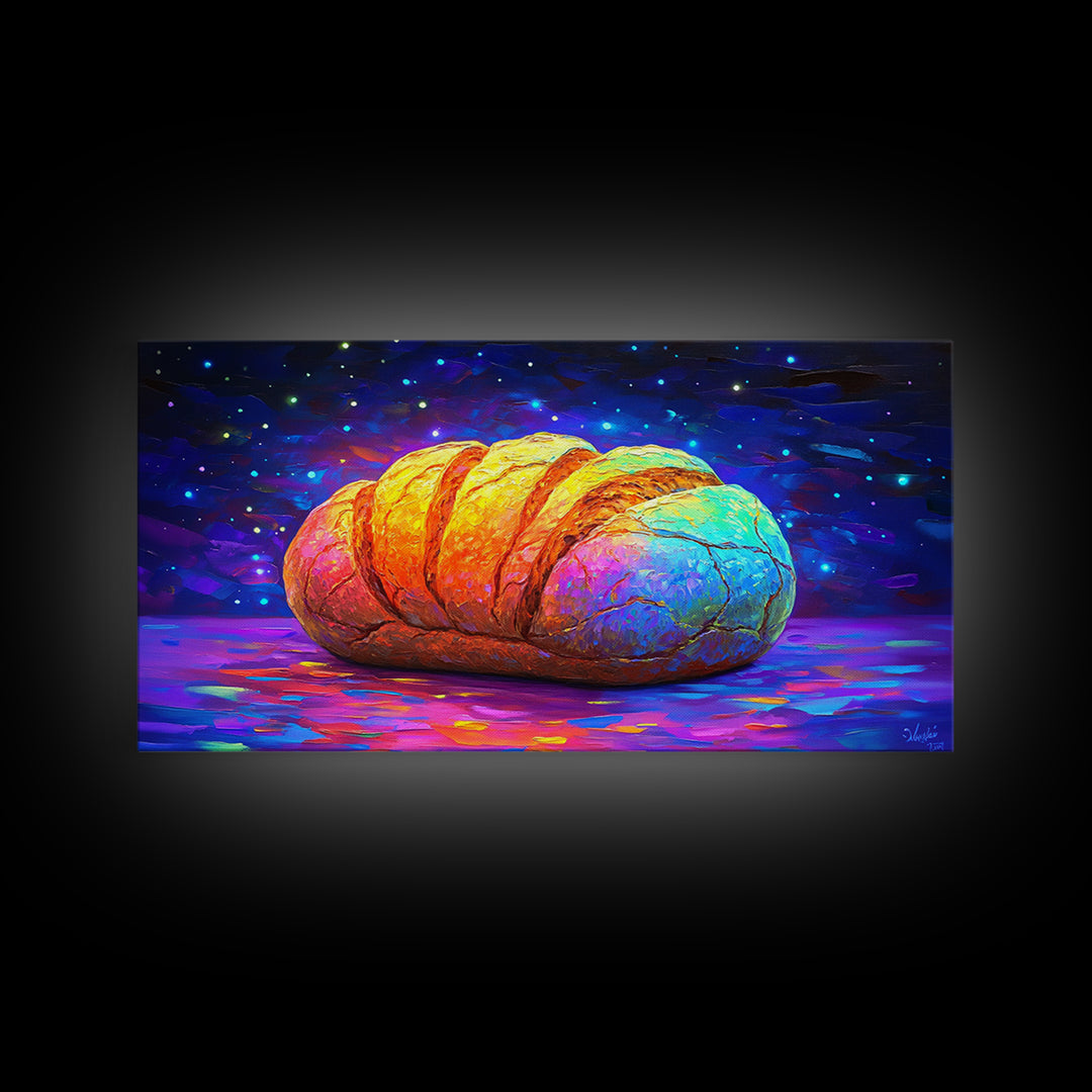 Glowing Croissant Pastry Under Starry Sky Canvas Print, Bakery Wall Art, Kitchen Decor, French Patisserie Gift For Foodie