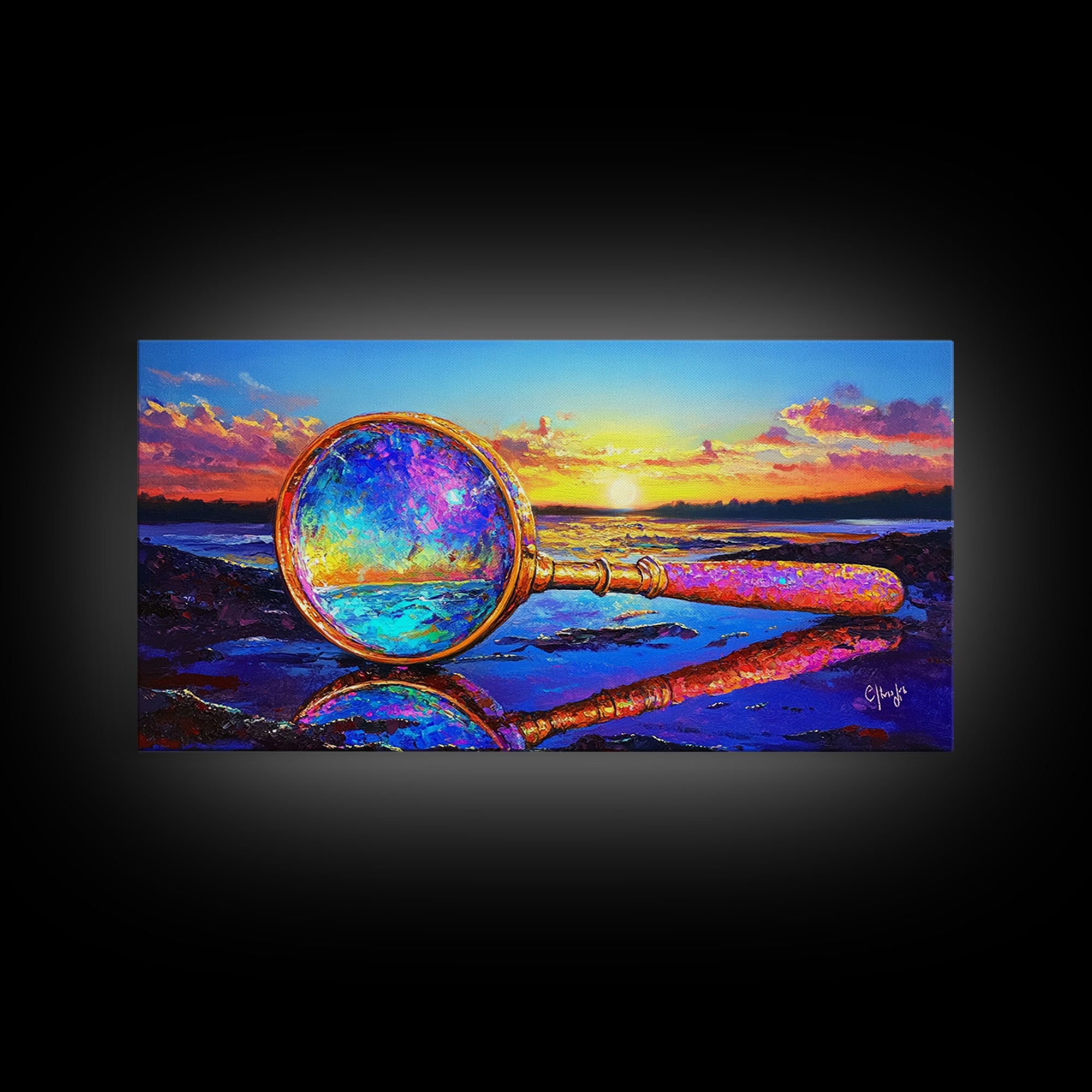 Magnifying Glass At Beach Sunset Wall Art, Coastal Canvas Print, Ocean Decor, Nautical Landscape Art For Study Or Office
