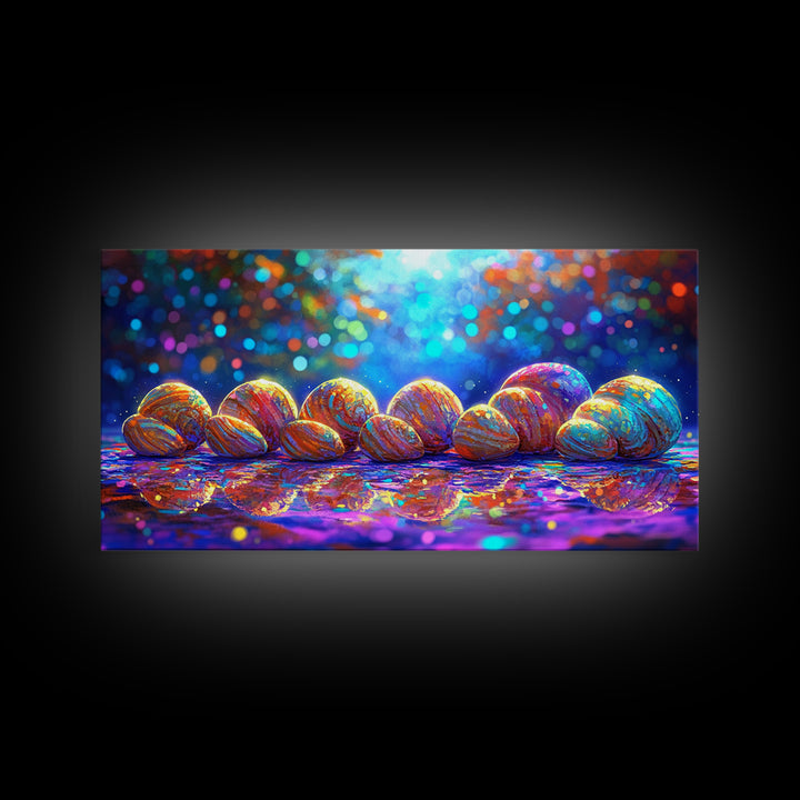 Rainbow Seashells On Shore Wall Art, Coastal Canvas Print, Beach House Decor, Ocean Nursery Art, Nautical Bathroom Decor Gift