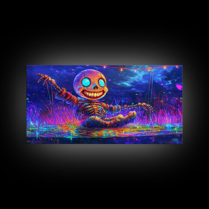 Neon Skeleton Doll In Moonlit Marsh Canvas Print, Halloween Wall Art, Gothic Decor, Whimsical Art, Spooky Kids Room Decor