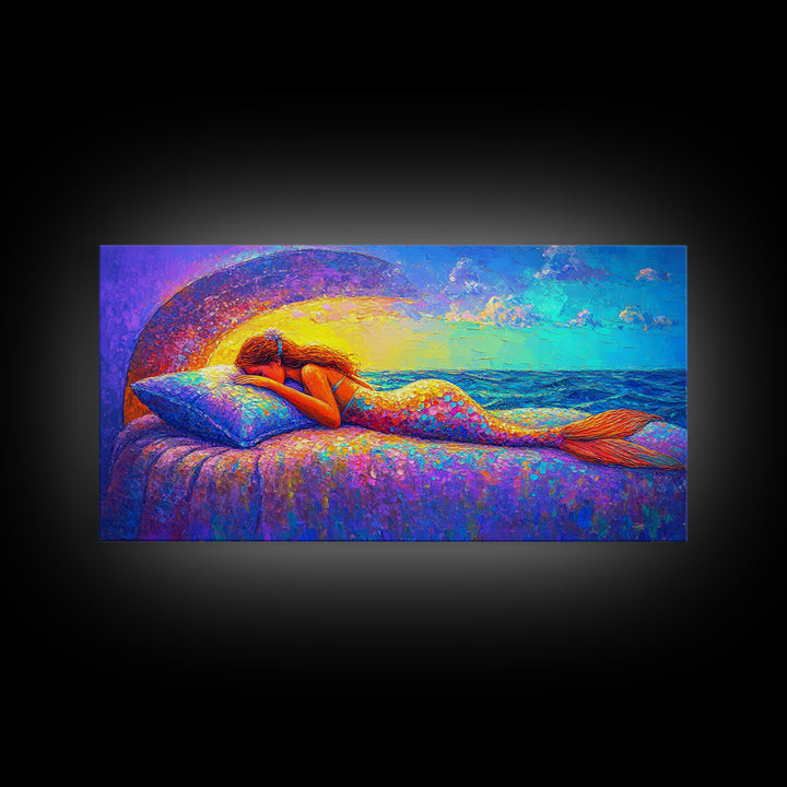 Sleeping Mermaid By Ocean Window Framed Canvas Print, Fantasy Wall Art, Coastal Bedroom Decor, Beach House Decor Gift For Her
