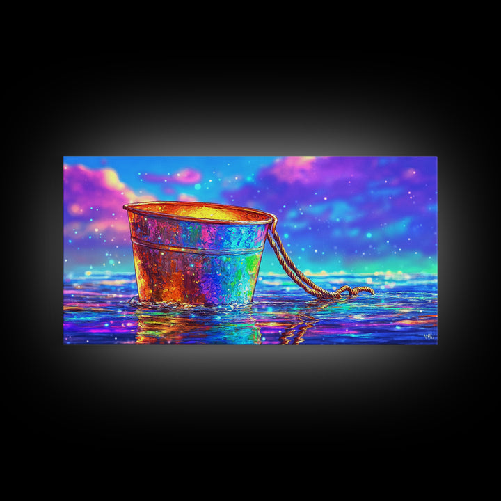 Rainbow Rusty Bucket Floating On Ocean Waves Canvas Print, Colorful Coastal Wall Art, Beach House Decor, Surreal Seascape