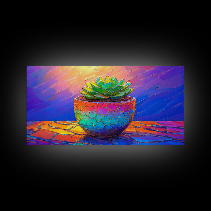 Mosaic Succulent In Rainbow Ceramic Pot Framed Canvas Print, Botanical Wall Art, Colorful Home Decor, Boho Plant Art Gift