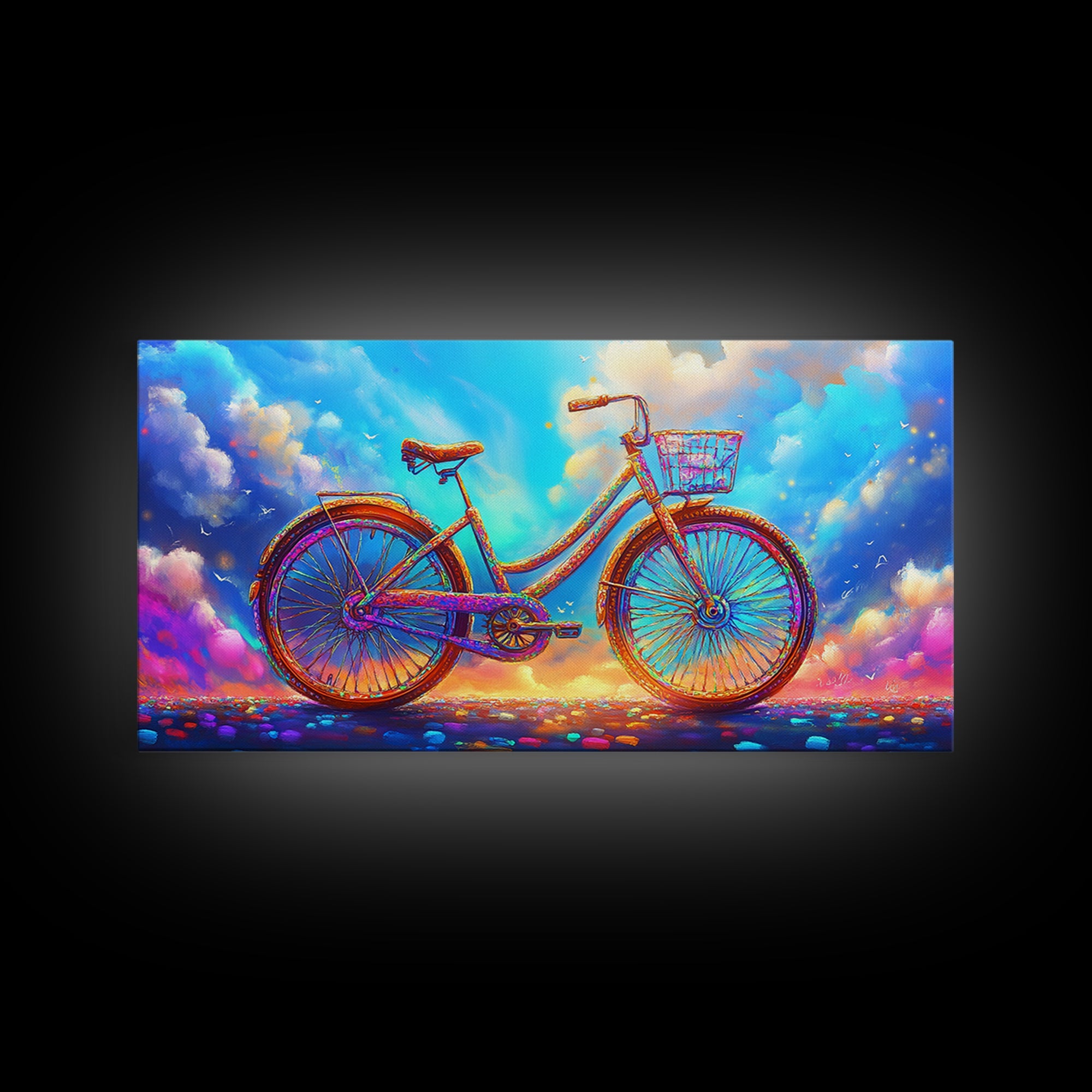 Rainbow Cruiser Bicycle Under Dreamy Clouds Canvas Print, Whimsical Wall Art, Kids Room Decor, Colorful Nursery Art Gift