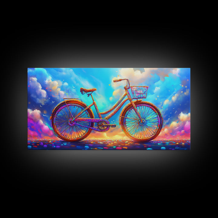 Rainbow Cruiser Bicycle Under Dreamy Clouds Canvas Print, Whimsical Wall Art, Kids Room Decor, Colorful Nursery Art Gift