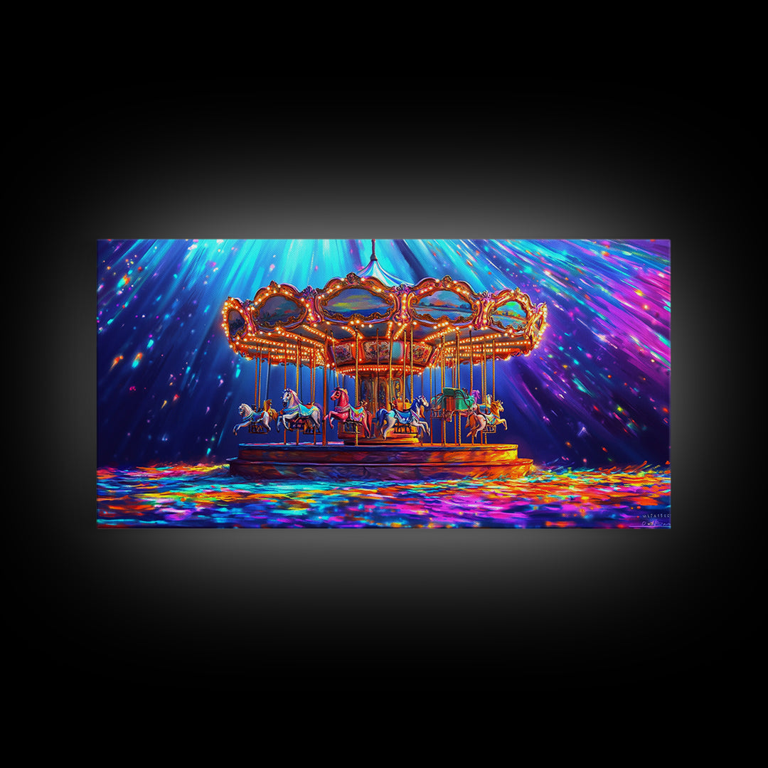 Glowing Carousel Ride With Neon Confetti Framed Canvas Print, Circus Wall Art, Whimsical Decor, Colorful Kids Room Art Gift