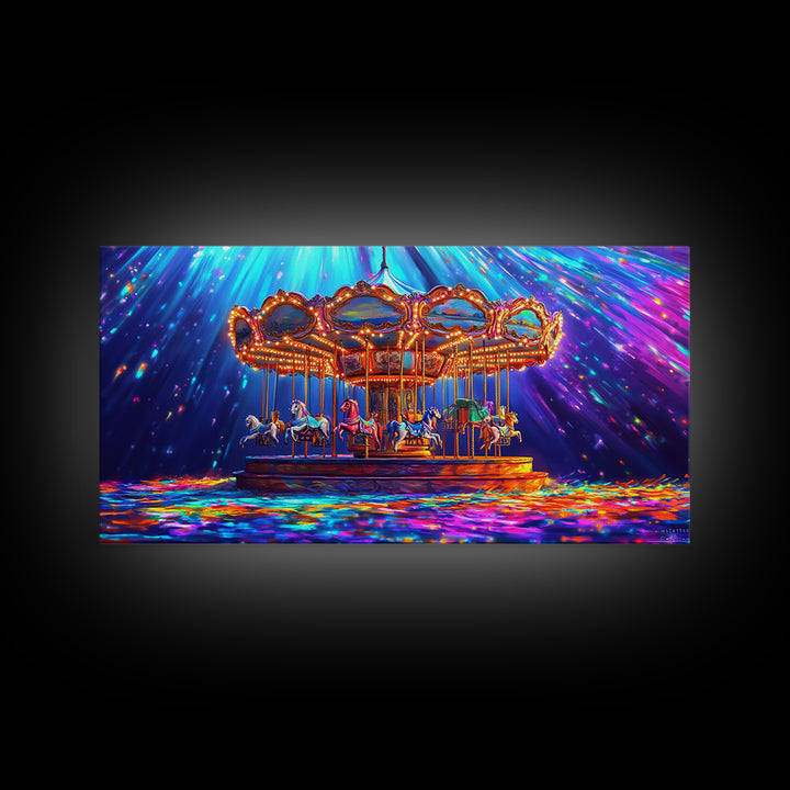Glowing Carousel Ride With Neon Confetti Framed Canvas Print, Circus Wall Art, Whimsical Decor, Colorful Kids Room Art Gift