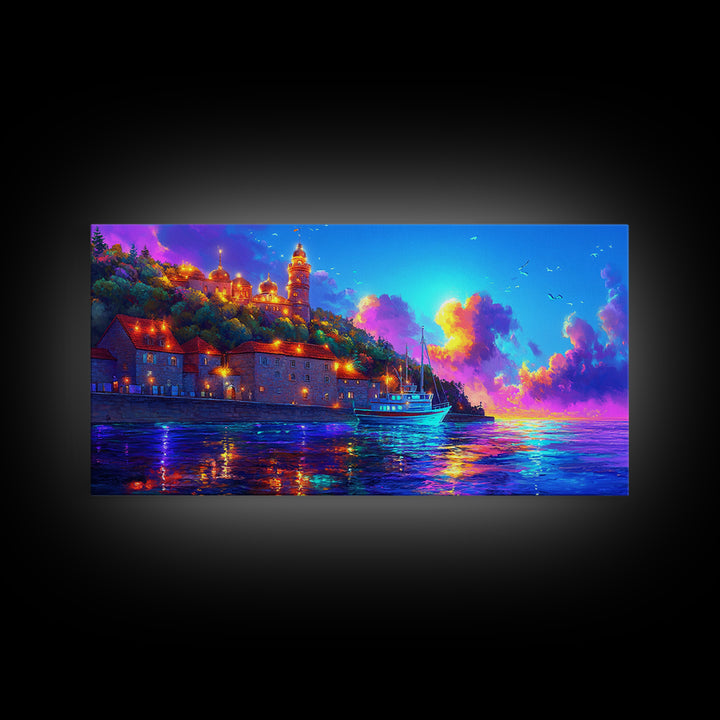 Sunset Harbor Village And Sailboat Canvas Print, Coastal Wall Art, Mediterranean Decor, Travel Poster, Living Room Art Print