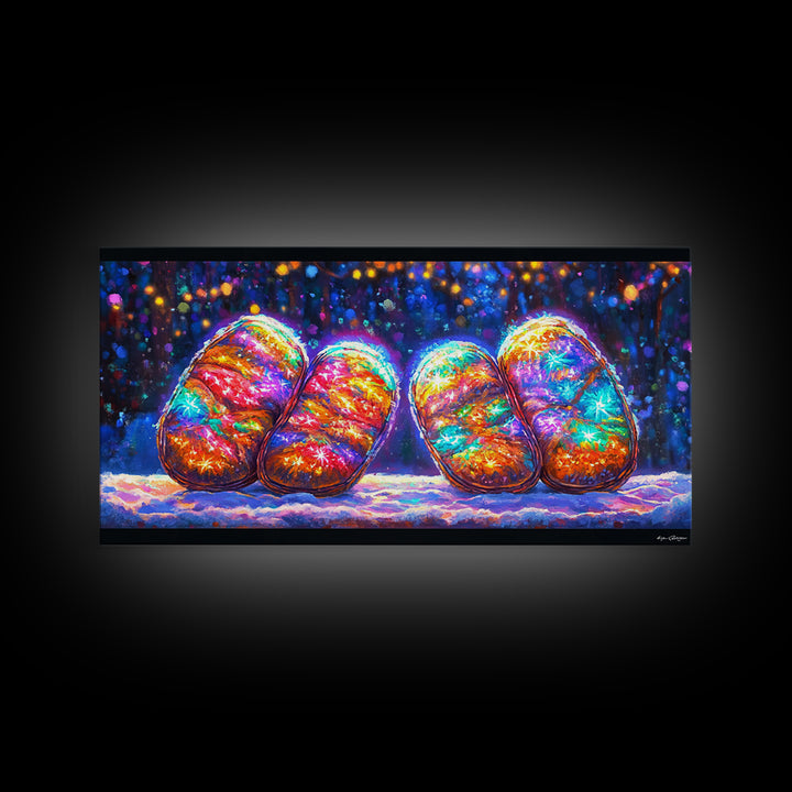 Glowing Rainbow River Stones Under Fairy Lights Canvas Print, Whimsical Wall Art, Dopamine Decor, Colorful Abstract Art Print