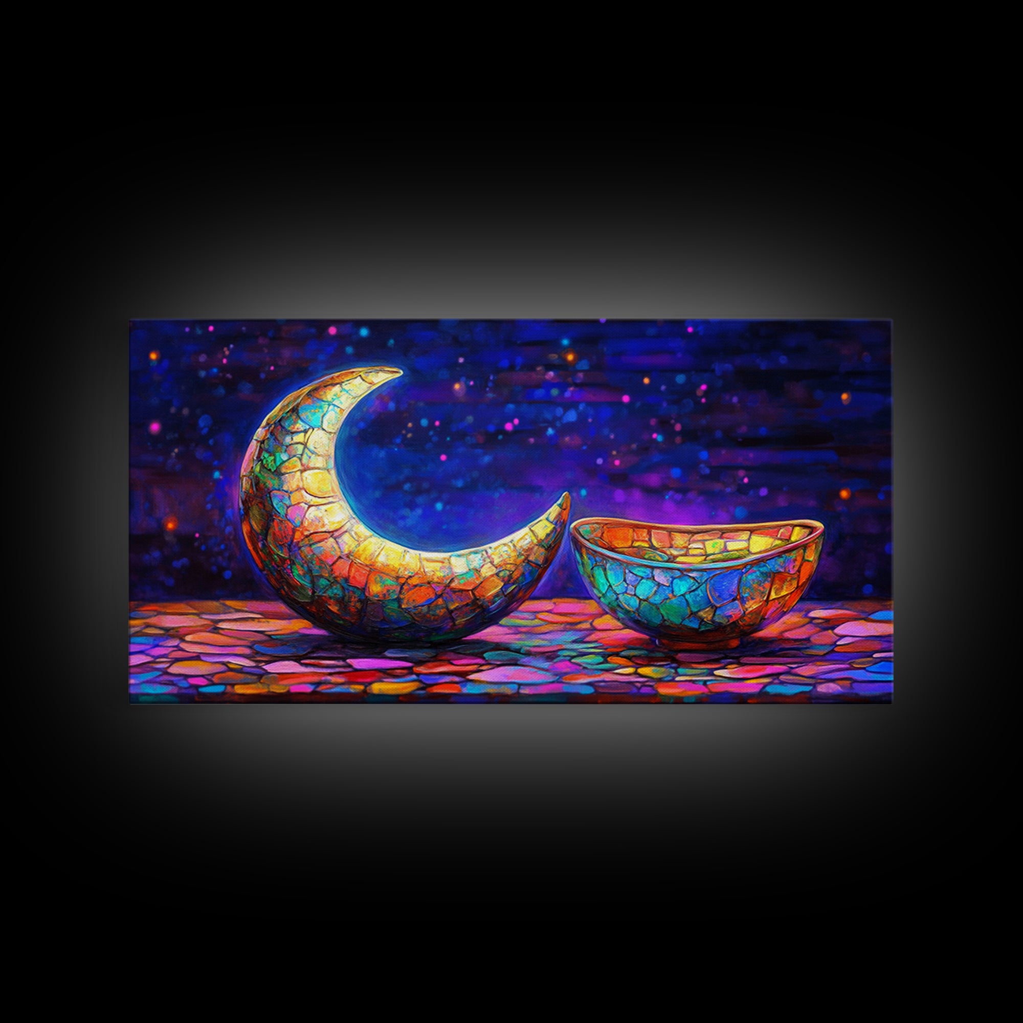 Mosaic Crescent Moon And Bowl Wall Art, Celestial Night Sky Decor, Mystical Boho Canvas, Gift For Her Home Decor, Moon Phase Art